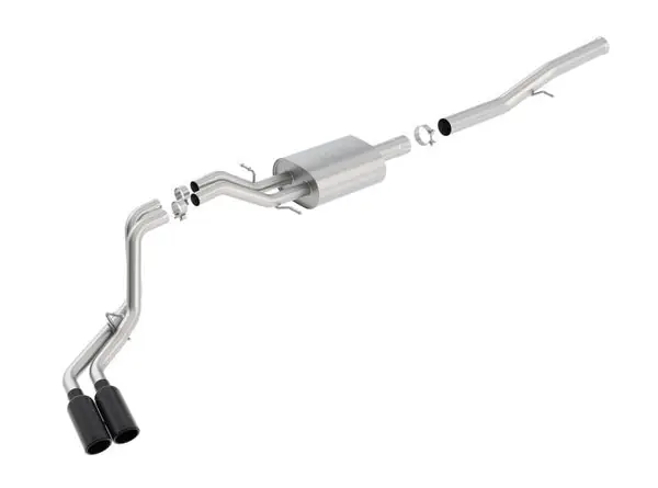 Borla 14 Silv/Sierra 1500 EC Std/CC Short 143.5in WB S-Type Black Tip Dual Rolled Side Exit CB Exht