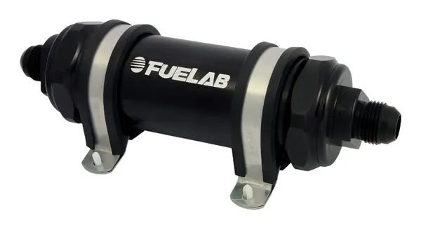 Fuelab 828 In-Line Fuel Filter Long -6AN In/Out 40 Micron Stainless - Black