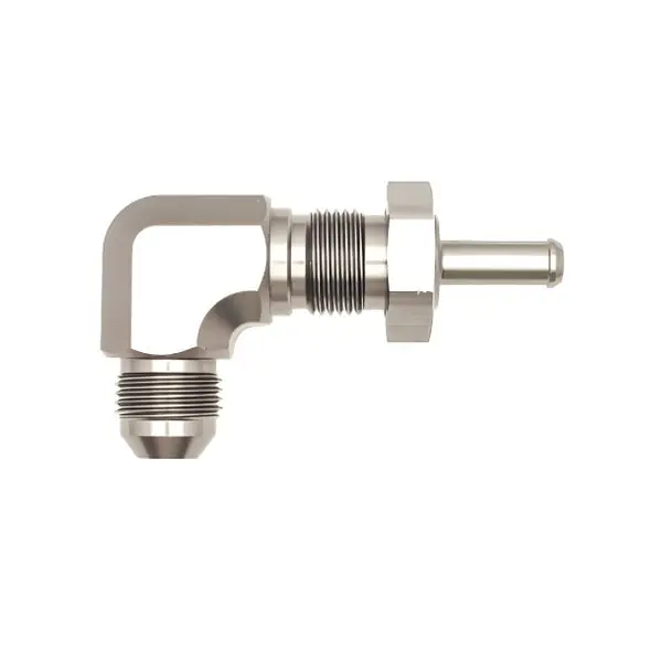 DeatschWerks 8AN Male Flare To 5/16in. Male Barb Bulkhead Adapter 90-Degree (Incl. Nut)
