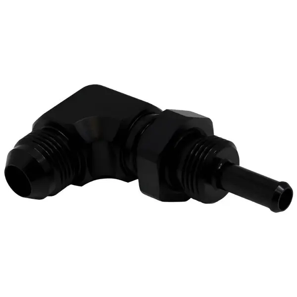 DeatschWerks 8AN Male Flare to 5/16in Male Barb Bulkhead Adapter 90-Degree - Anodized Matte Black